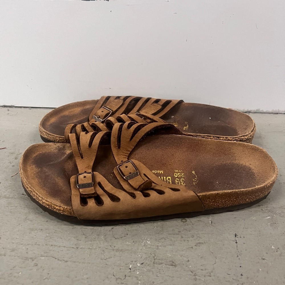 Birkenstock Granada Sandals Unisex M6/W8 Brown Leather Open Toe Slip On Slide - Picture 4 of 8